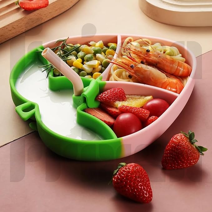 Cute Strawberry Silicone Sippy Tray – With Built-In Straw & Sipper | Baby-Friendly & BPA-Free!